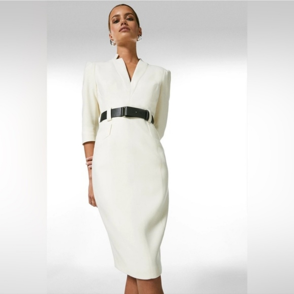 Karen Millen Cream Midi Sheath Dress with Black Belt